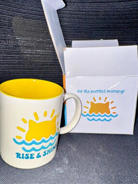 Cat Lady Rise & Shine Cat Mug 12 oz White & Yellow - New in box